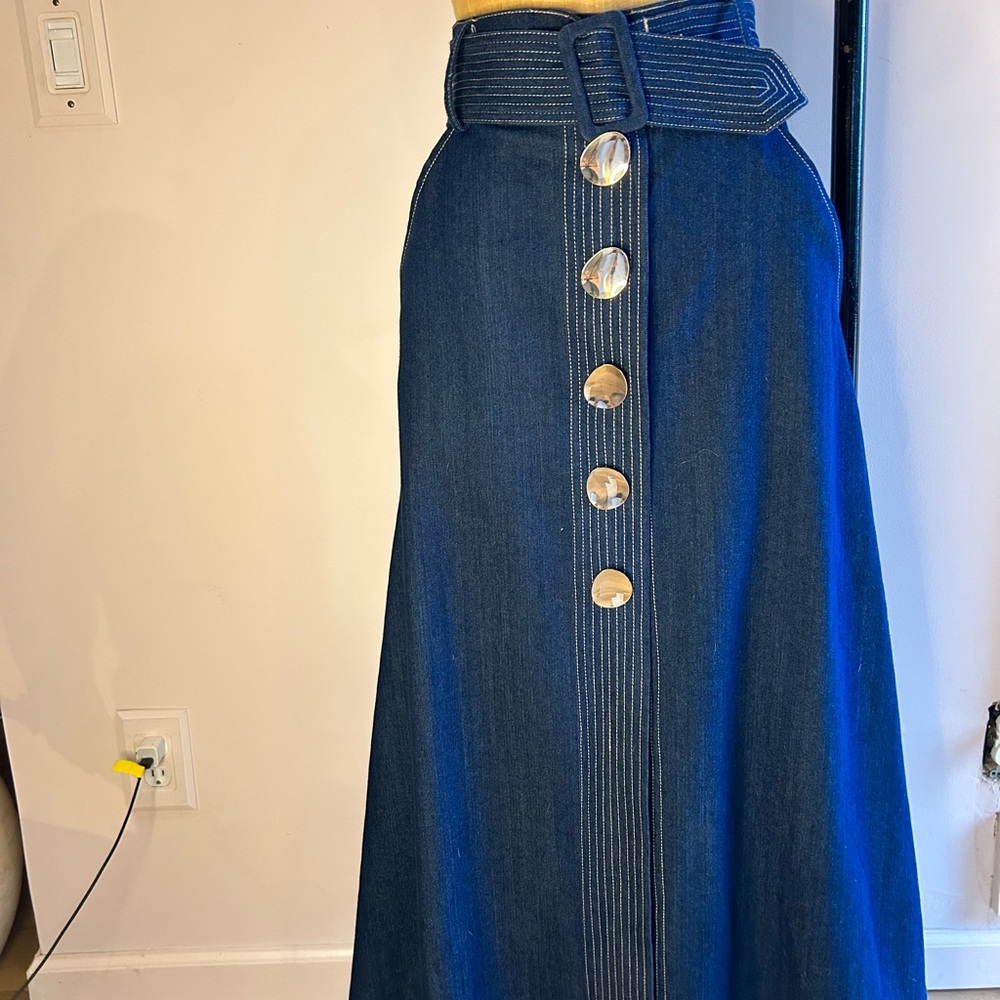 Paper London chic 70s denim skirt long maxi gold buttons W 8
